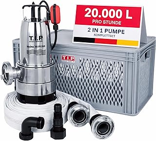 T.I.P. Hochwasser-Set Maxima 350 IPX DUO S aus Edelstahl mit Schwimmschalter I 20000 l/h Förderleistung bis 8 m Höhe I 2in1 Schmutz- und Klarwasser mit DUO-Ring | 1mm flachsaugend I Komplettset