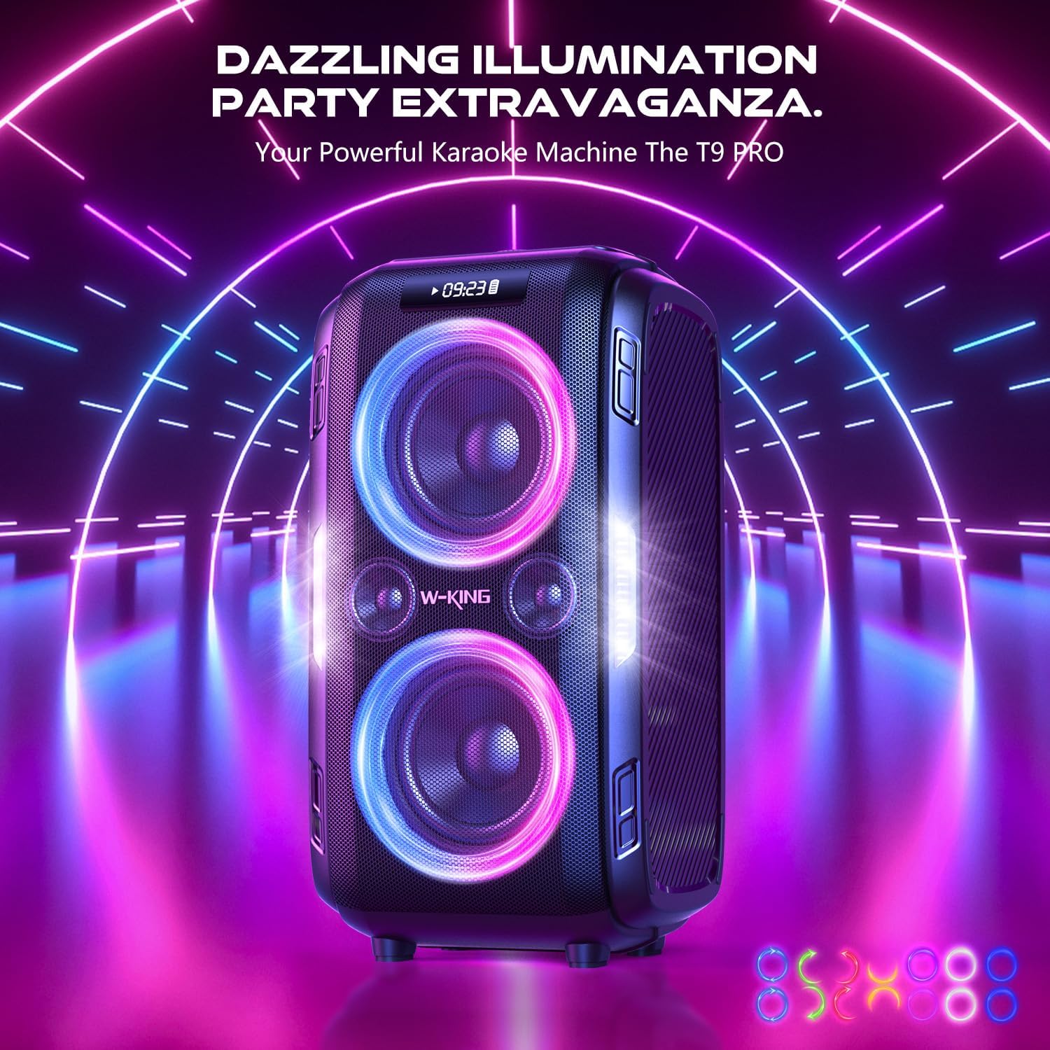 W-KING T9 PRO speaker with dynamic LED lighting effects