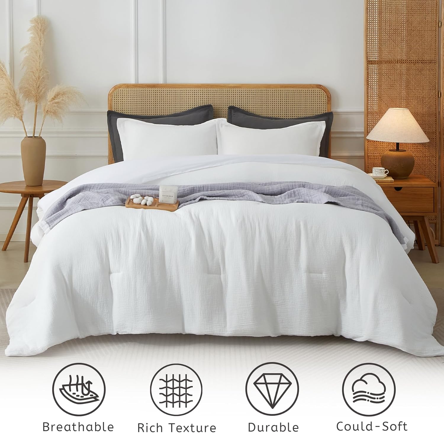 Muslin Comforter Set Queen Size, Cotton Cover & Polyester Filling, Breathable & Linen Like & Suitable for All-Season Use,3 Pieces(1 Comforter 90"x90", 2 Pillow Shams 20"x26"), White - Image 3