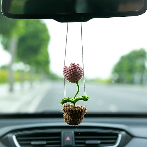 VieCorner Tulip - Adorno de ganchillo hecho a mano para automóvil, bonita flor de tulipán rosa, flor en maceta, cesta bohemia de punto para espejo VieCorner Tulip - Adorno de ganchillo hecho a mano para automóvil, bonita flor de tulipán rosa, flor en maceta, cesta bohemia de punto para espejo