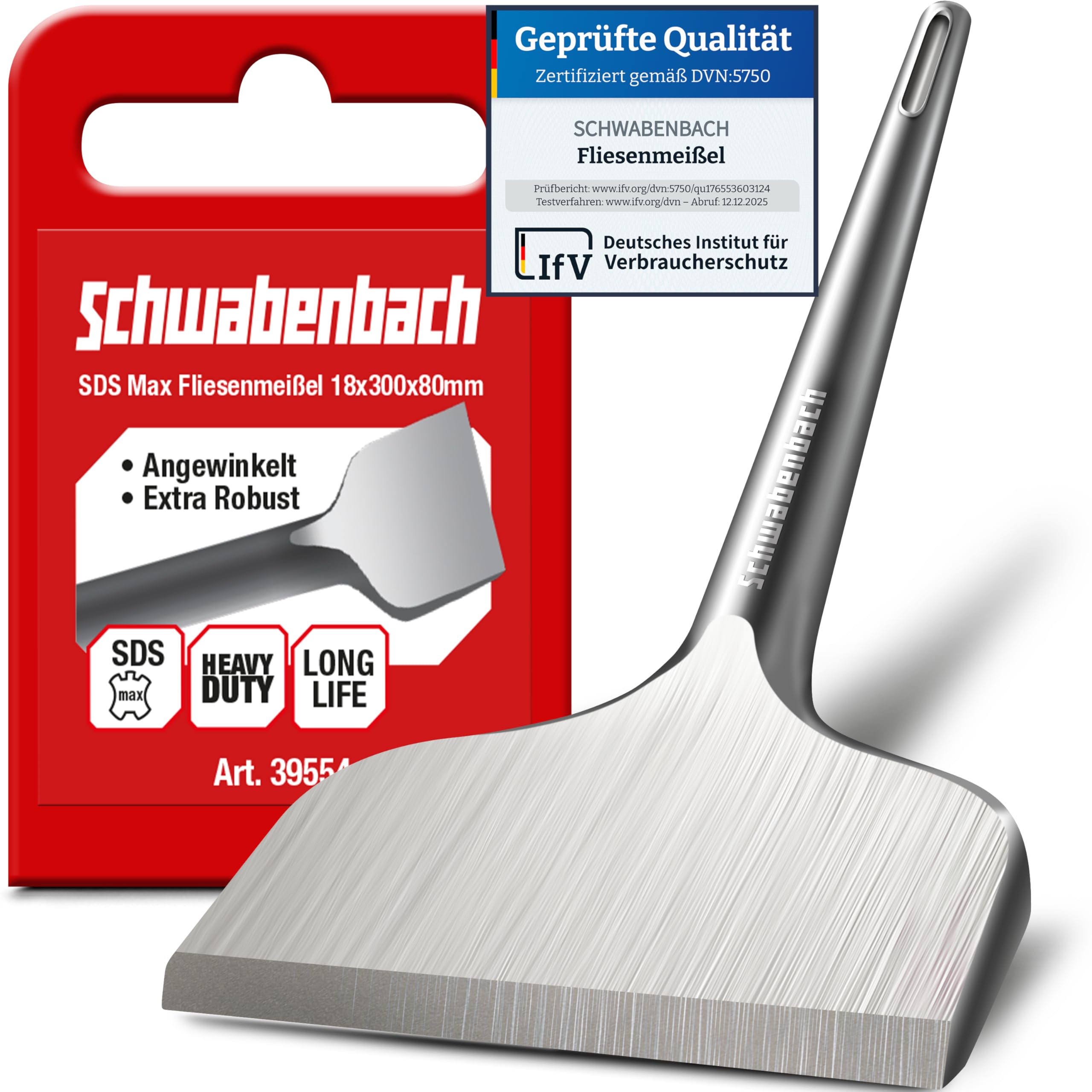 SCHWABENBACH® SDS MAX Fliesenmeißel 300 x 80mm abgewinkelt – 18 mm Aufnahme – EXTRA ROBUST – Meißel für Abbruch- & Stemmarbeiten - Flachmeißel