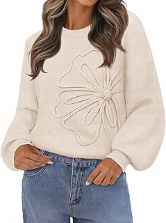Women's Winter Floral Sweater Crew Neck Lantern Sleeve 2025 Fall Trendy ...