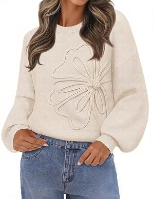 MEROKEETY Womens Winter Floral Sweater Crew Neck Lantern Sleeve 2025 Fall Trendy Warm Chunky Oversized Pullover Tops