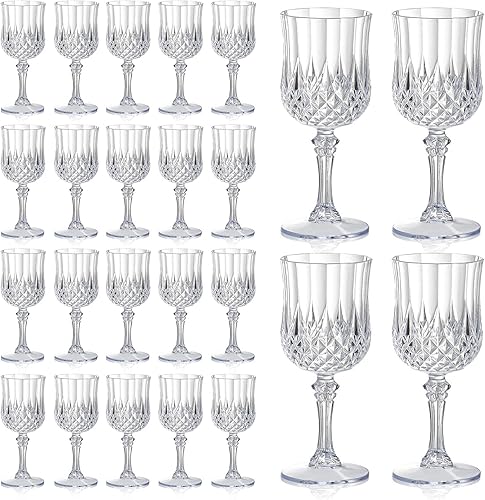 XUWAIDSGN 24 copas de vino vintage de plástico de 7 onzas, vasos irrompibles para boda, copas de agua de cristal, vasos reutilizables, copas de