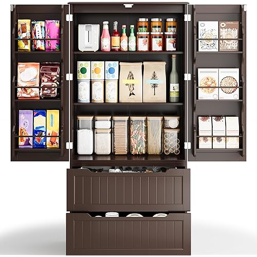 Gizoon Pantry Storage Cabinet with Drawers Freestanding Kitchen Storage Cabinets with Doors and Shelves, 63" Food Pantry for Dining Room Craft Room, Dark Brown