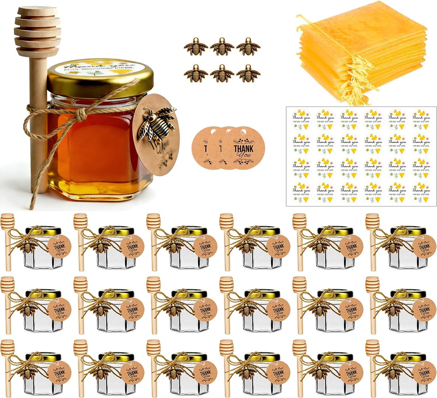 Kleine Honiggläser, Honigglas mit Honiglöffel, Marmeladengläser mit Bienen Anhänger, Mini Honigtöpfe, Honiggeschenke, Mini Gläser für Baby Shower, Hochzeit Gastgeschenk, 20 Stück 45ml
