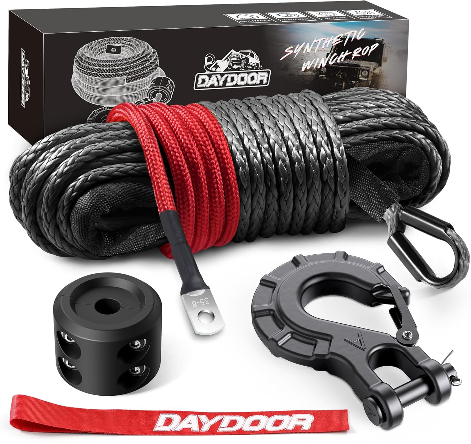 DAYDOOR Synthetic Winch Rope, 1/4 Inch x 50ft 10,000LBS Synthetic Winch Line, Winch Cable for Offroad Vehicle 4WD ATV UTV, Synthetic Rope with Forged Winch Hook and Rubber Stopper (Gray)