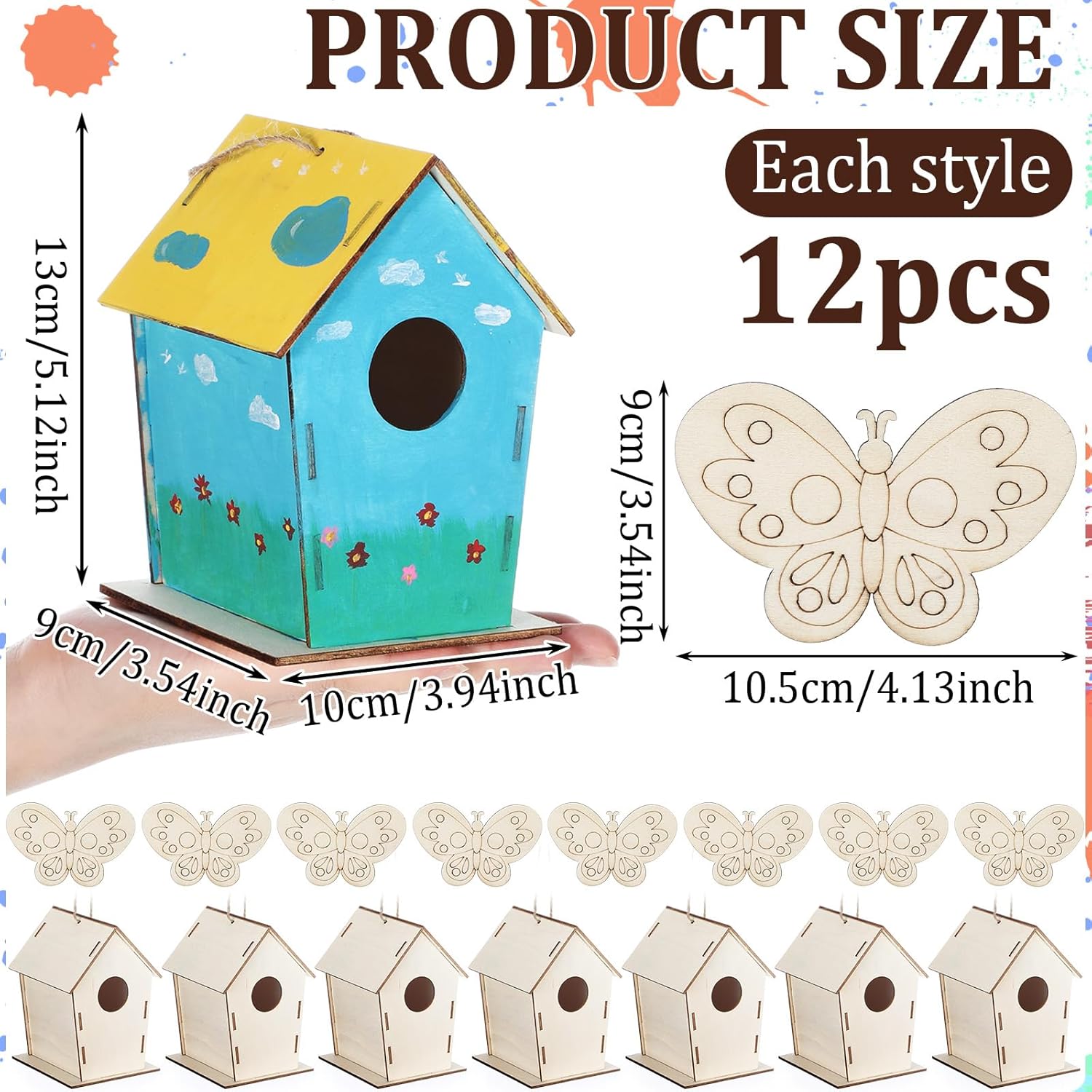 DoubleFill 96 Pack Wooden Bird Houses Bulk, Butterfly Wood Chips for DIY Unfinished Hanging Birdhouse Kits, Wooden Craft Houses to Paint VBS Craft Family Crafts Party Favor