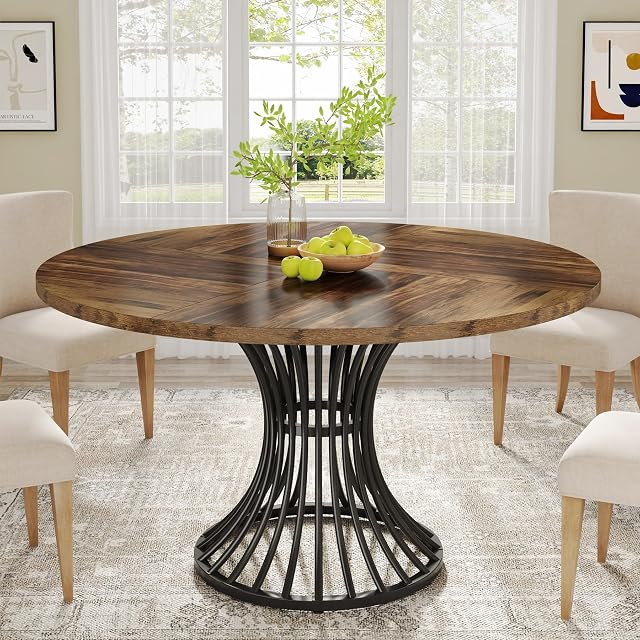 Table à manger ronde Tribesigns pour 4-6 personnes, table de cuisine circulaire de 47 po, table à dîner industrielle avec base en métal pour cuisine, salon, noir et brun