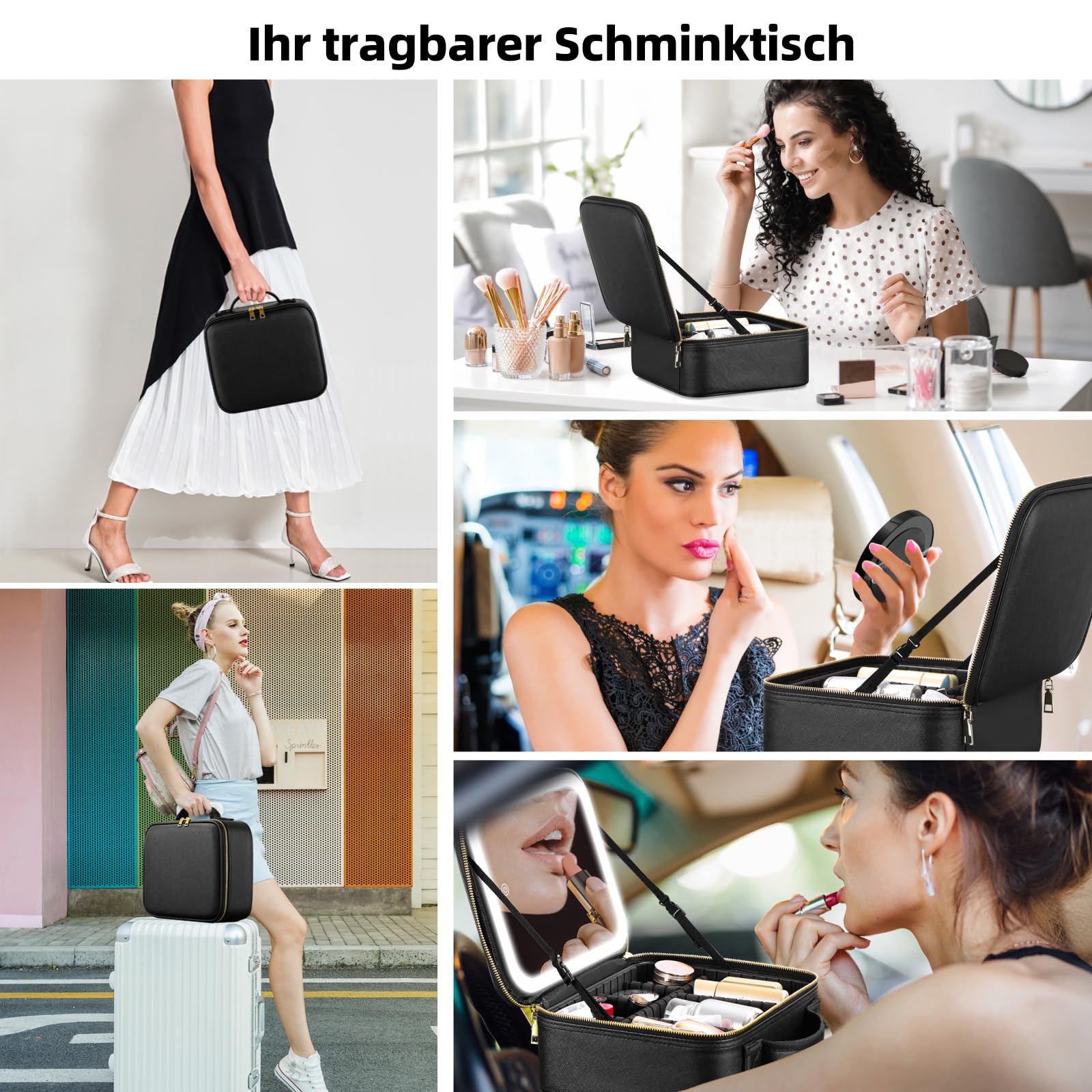 Reisekosmetiktasche mit beleuchtetem Spiegel, 3 Farbmodi dimmbaren Lichtspiegel, wasserdichte PU Leder Make up Organizer Tasche