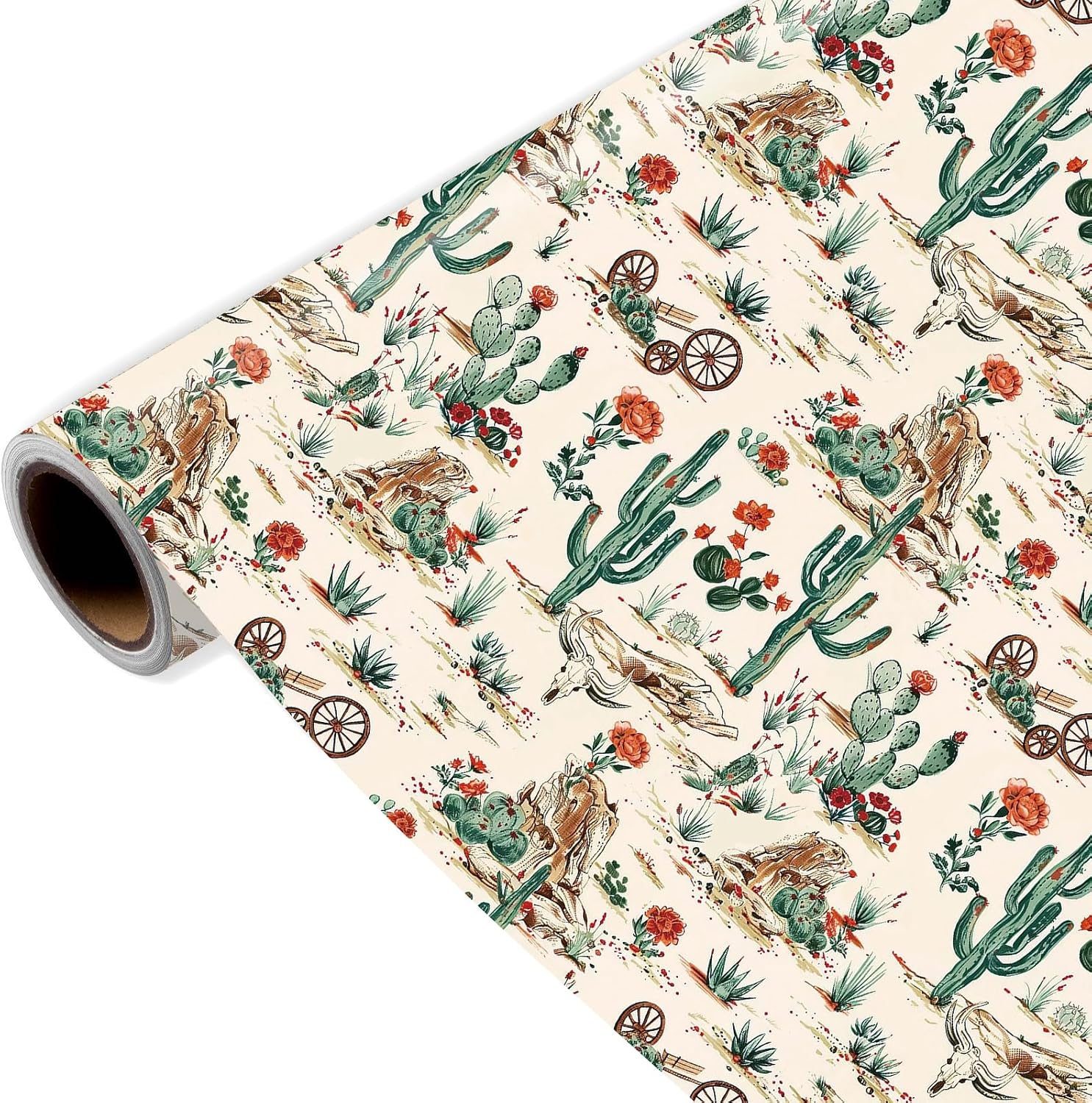 Joviwrap Cactus Wrapping Paper Roll, Western Wrapping Paper Desert Scenery Gift Wrap for Birthday, Holiday, Cowboy Party, 17 Inch x 16.4 Feet