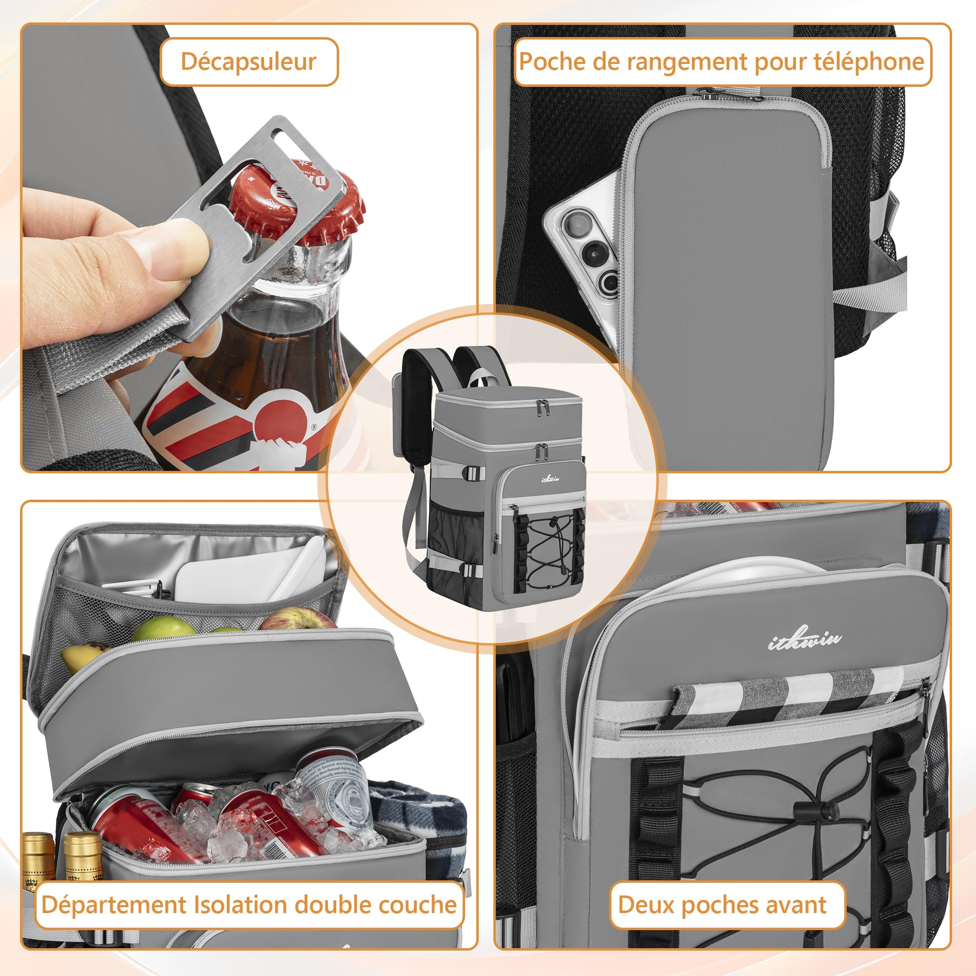 Sac à Dos Isotherme à Double Compartiment – Grande Capacité 30L pour Glacière Souple, Imperméable avec Isolation Thermique Améliorée, Idéal pour Les Pique-Niques et Le Camping(Noir) - 5