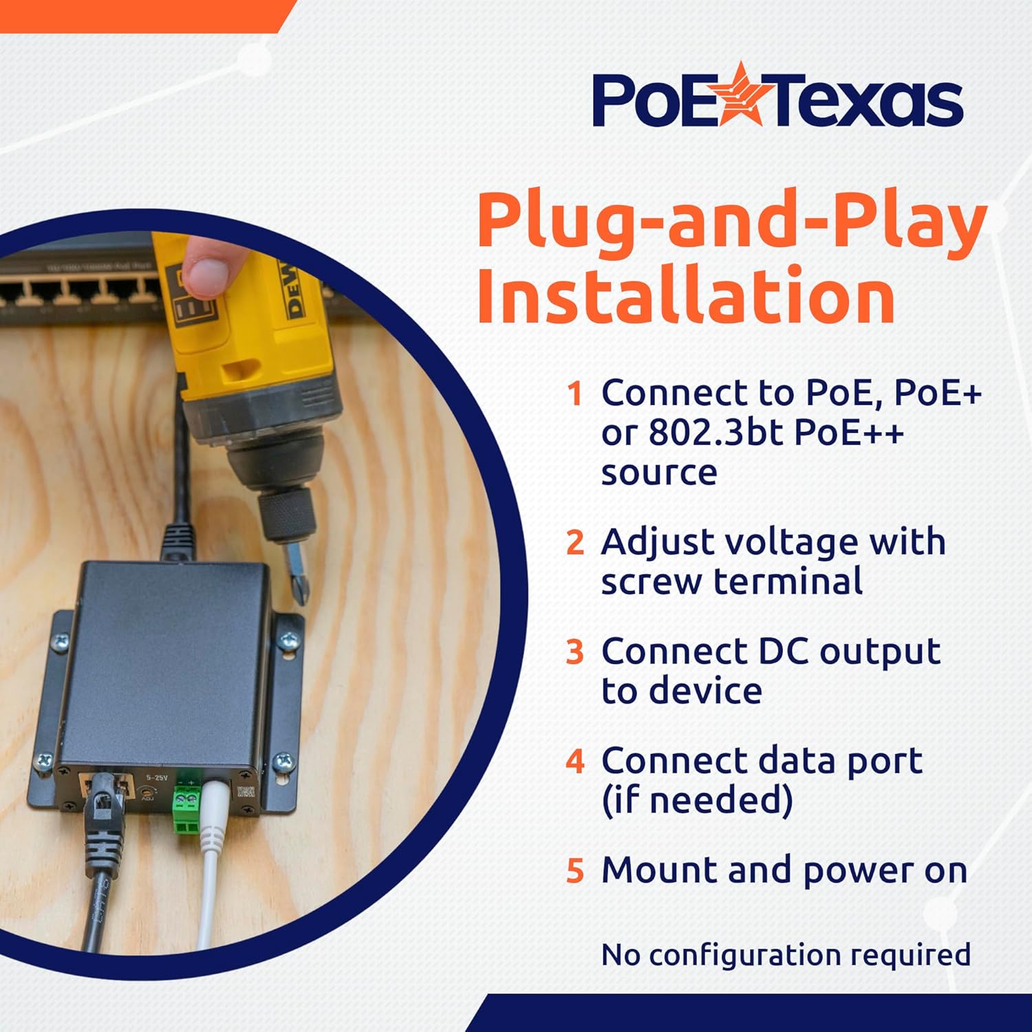 PoE Texas Adjustable PoE++ Splitter 802.3bt - 5-26 Volt DC 65 Watt Output with Gigabit Data - Universal Voltage PoE Splitter for High Power Devices - Plug and Play Design with Screw Adjustment