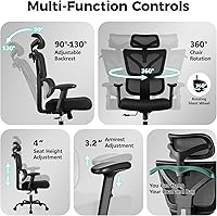 Vista 7 de Silla de Oficina Ergonómica de Respaldo Alto Silla de Escritorio con Soporte Lumbar, Silla de Computadora de Malla Transpirable con Reposabrazos