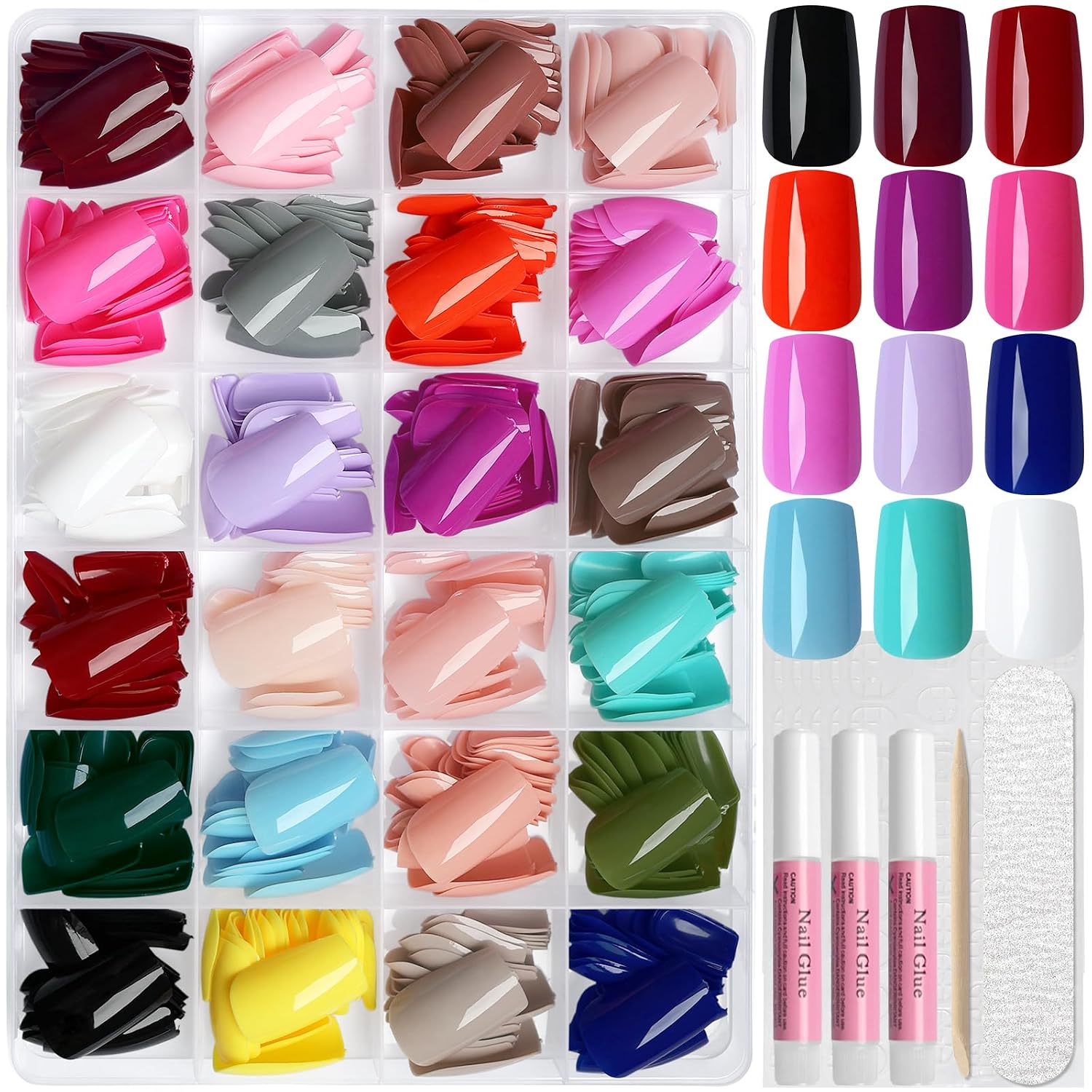 576pc Square Press on Nails Short Fake Nails Press ons Acrylic Nail Press on Nail Square Glue on Nails for Women, 24 Color Stick on Nail Tip Artificial Fingernail Presson Nails with Glue&Tab