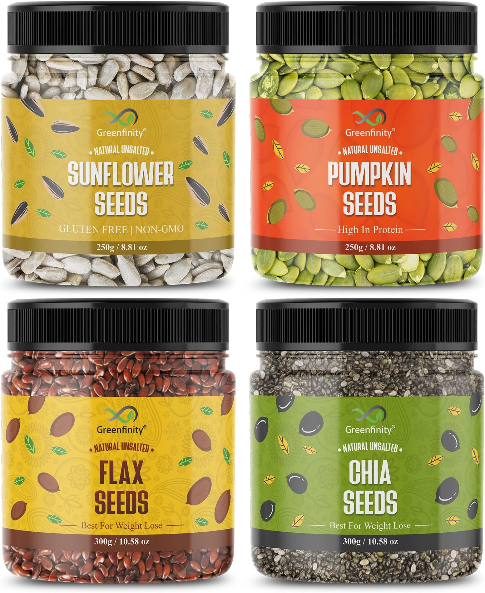 GreenFinity Healthy & Tasty Jumbo Pumpkin, Jumbo Sunflower - 250g, Flax Seeds, Chia Seeds - 300g Jar | Seeds for Eating | Immunity Booster Diet | Protein and Rich in Fibre