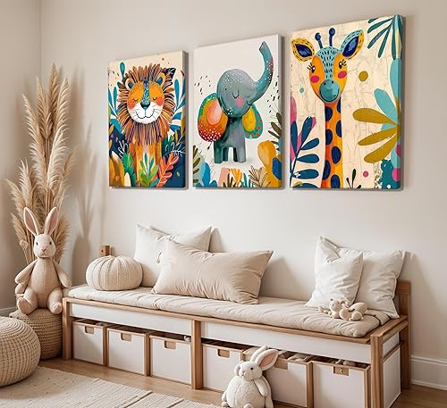 Miniatura 6 de 3 piezas de lienzo de animales de safari para guardería, arte de pared, lindo elefante acuarela, jirafa, león, decoración de pared, coloridos
