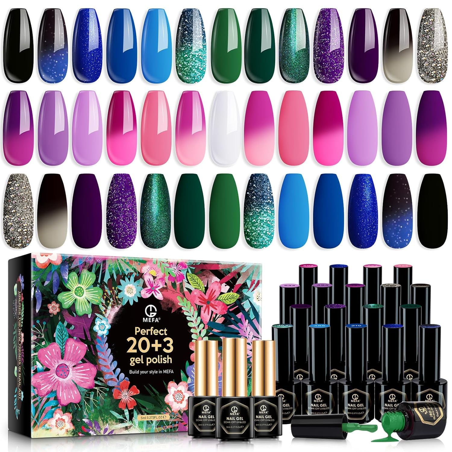 MEFA Color Changing Gel Nail Polish Kit 23 Pcs, 20 Colors Glitter Ombre Pink Dark Blue Black Green Purple Temperature Mood Changed Nail Art Set with Gloss &Matte Top and Base Coat Manicure Salon Gifts