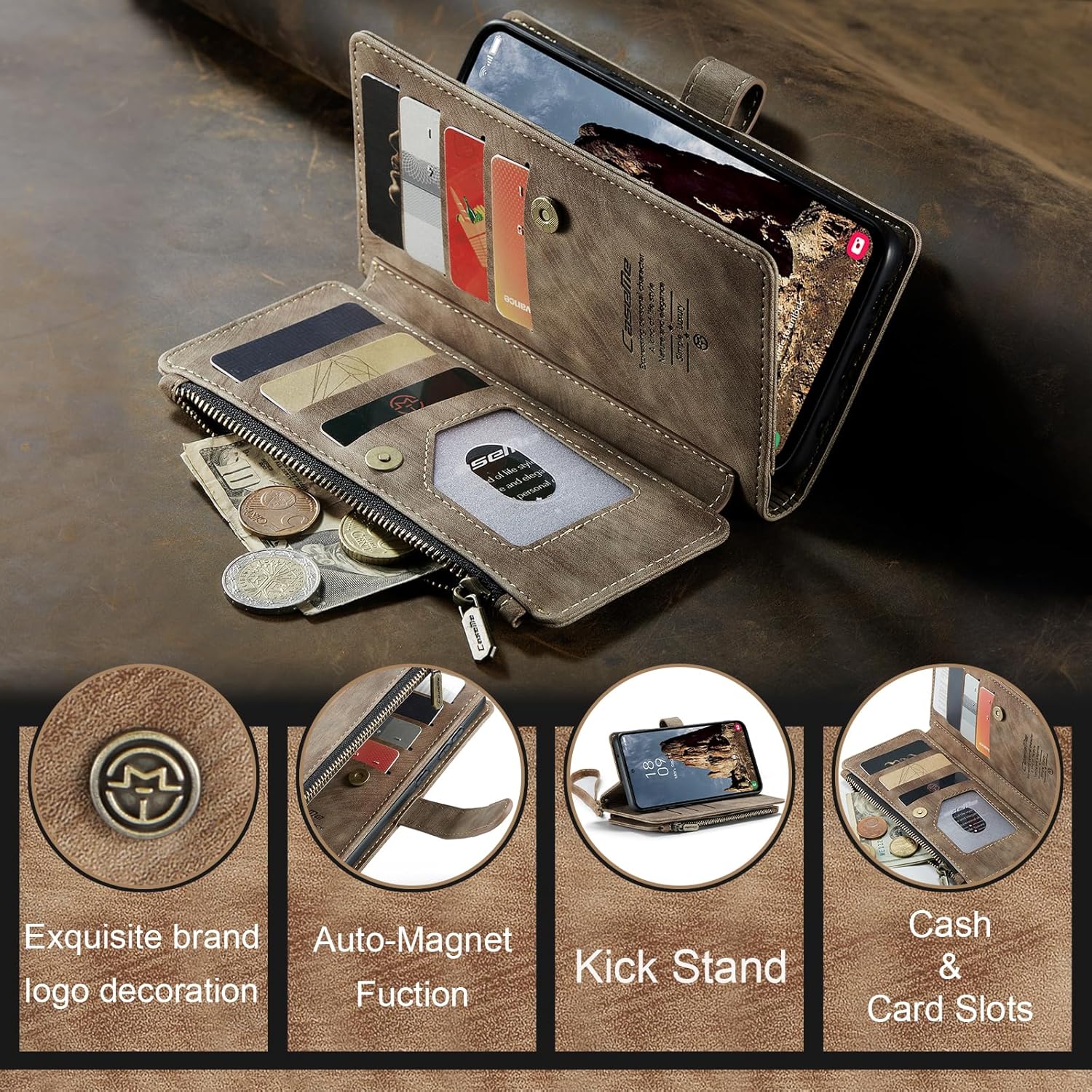 CaseMe Wallet Case for Samsung Galaxy A35 5G, Multifunction Premium PU Leather Zipper Flip Dust/Shockproof Case Built-in [Magnetic Closure] [Kickstand] [Card Slots] for Samsung Galaxy A35 5G (Brown)