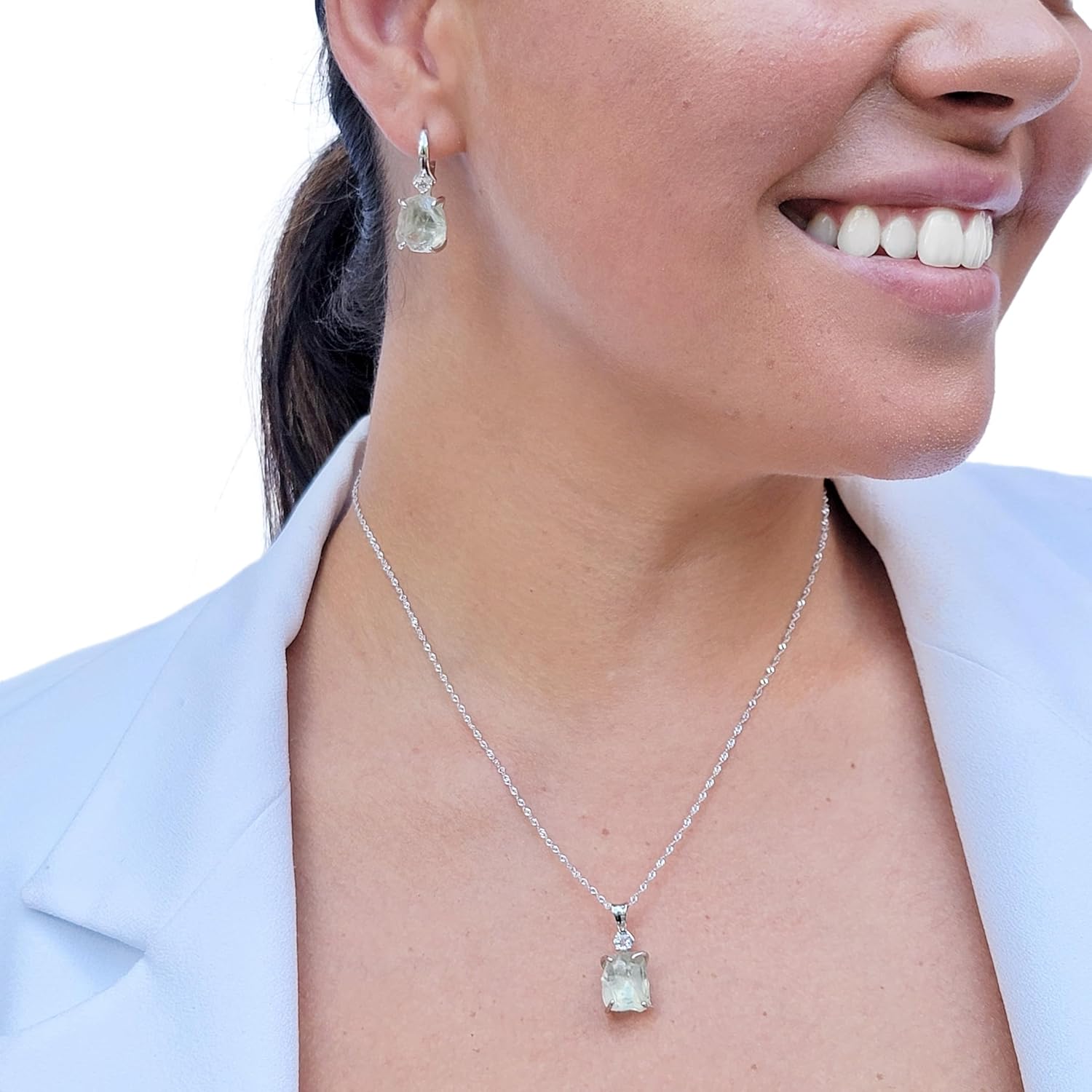 real raw green amethyst drop earrings and necklace set birthstone gift for her 925 sterling silver white gold plated uniquelan jewelry (green-amethyst)