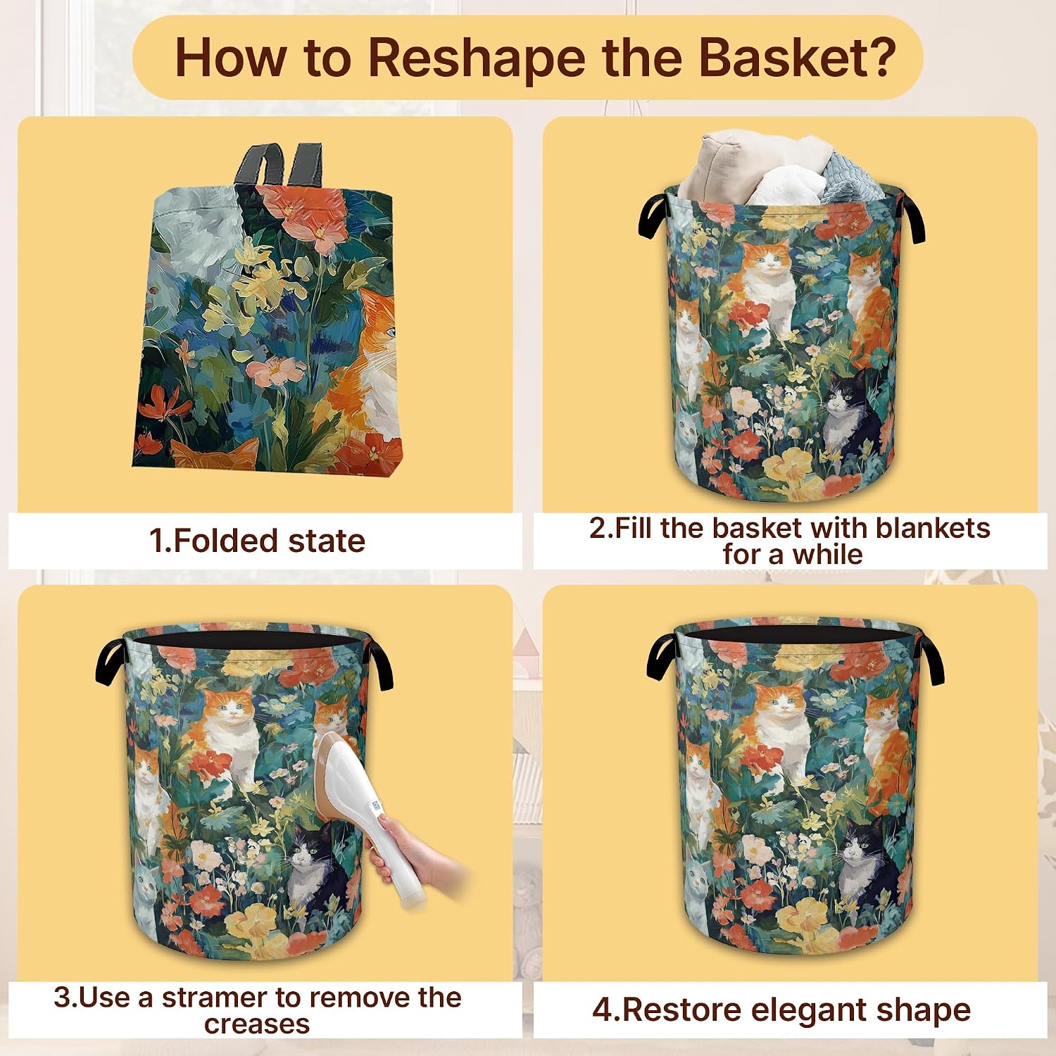 Watercolor Cats Collapsible Laundry Hamper with Handles,Oxford Cloth Laundry Basket,Storage Organizer for Bathroom Bedroom Laundry Room image 4