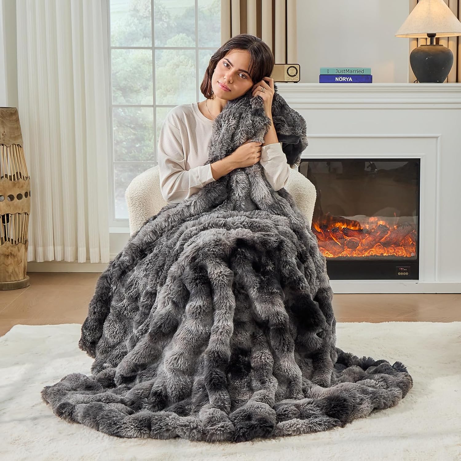 Fluffy Faux Rabbit Fur Throw Blanket - Soft, Luxury, Cozy Thick Warm Decorative Bubble Blanket for Bed, Sofa (Throw Size 50''x60'', Tie-Dyed Dark Grey)