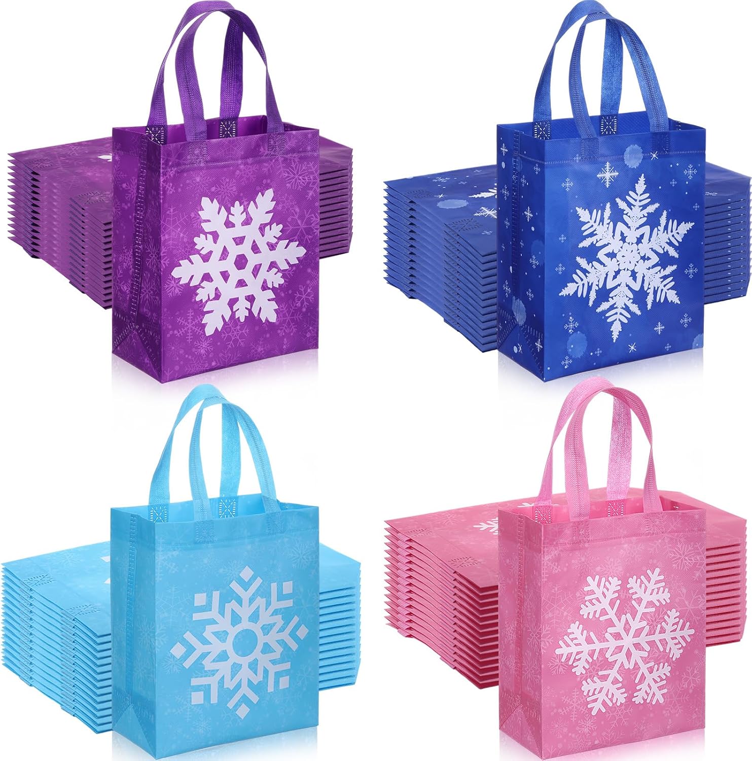 Woanger 60 Pcs Snowflake Gift Bags Bulk 10 x 8 x 4 Inch Winter Snowflake Party Favor Bags Bulk Reusable Non-woven Tote Treat Goodie Candy Pouch for Wonderland Xmas Holiday Party Decoration