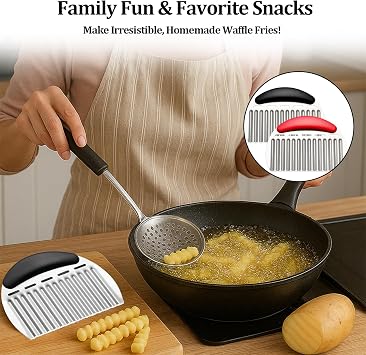 Crinkle Cutter Stainless Steel French Fry Cutter for Potato Slicer, Ripple Chips, Salads Effortlessly Cuts Potatoes, Carrots, Cucumbers Perfect for Meal Prep, Holidays & Entertaining (2 Pack)