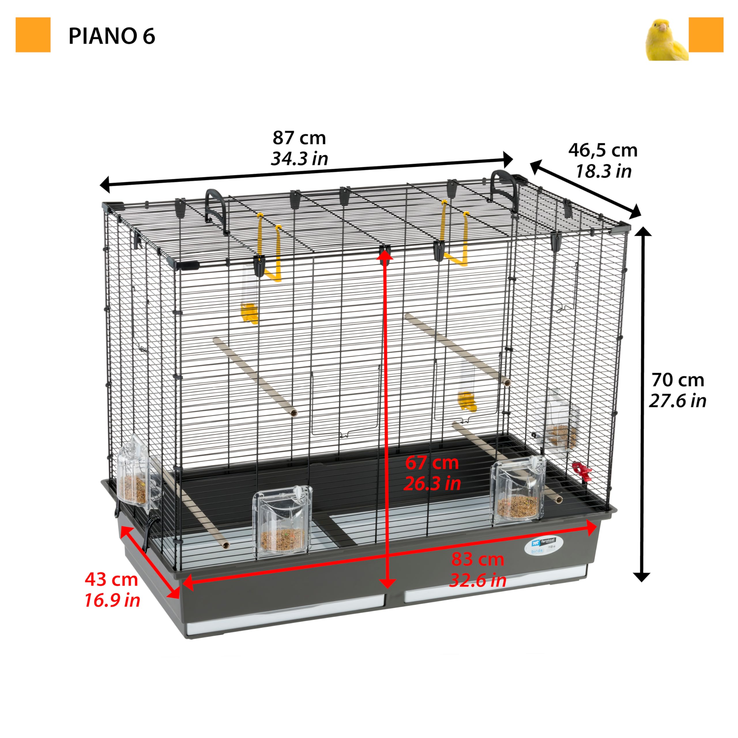 Ferplast Amplia Jaula para Canarios, periquitos y pequeños pájaros exóticos Piano 6, con Accesorios, Percha Modular y comederos giratorios, Pintado Negro y cubeta Marrón, 87 x 46,5 x h 70 cm