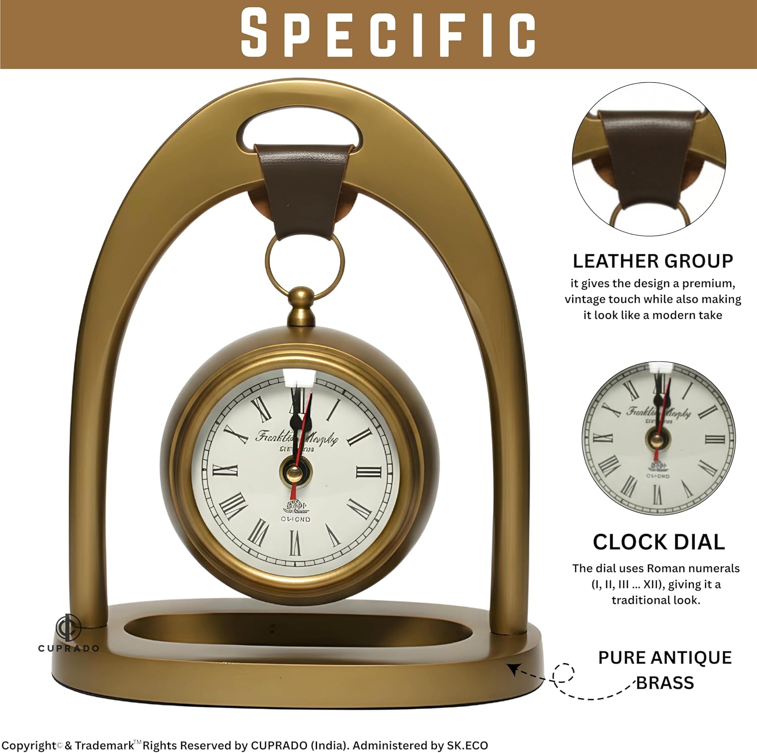 Antique Brass Table Clock with Leather Handle | Vintage Roman Numeral Dial, Decorative Mantel & Desk Clock | Elegant Home & Office Décor Gift