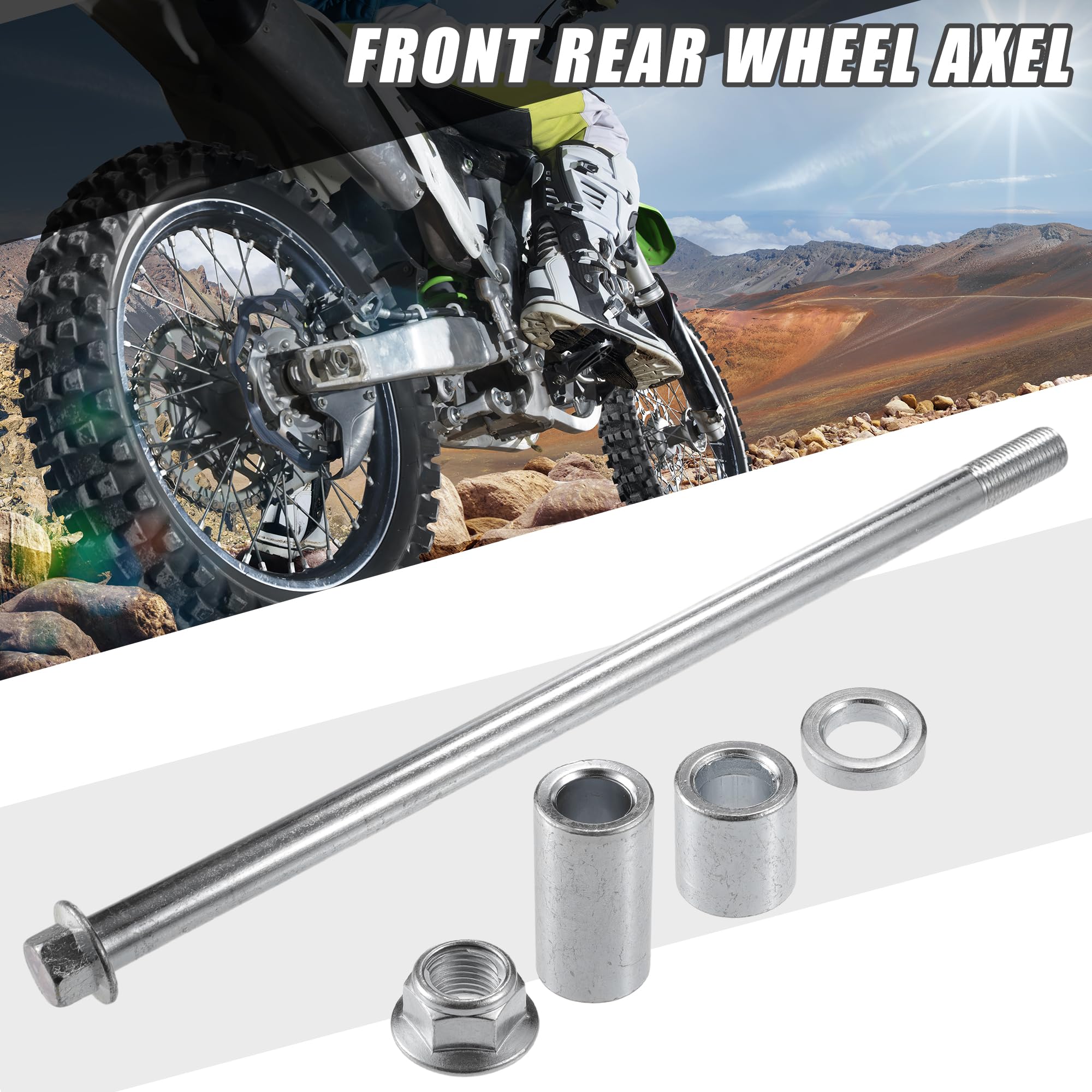 A ABSOPRO Asse anteriore posteriore con boccola e bullone a vite M12 260mm per moto da cross, scooter, ATV, asse ruota in lega d'acciaio tonalità argento