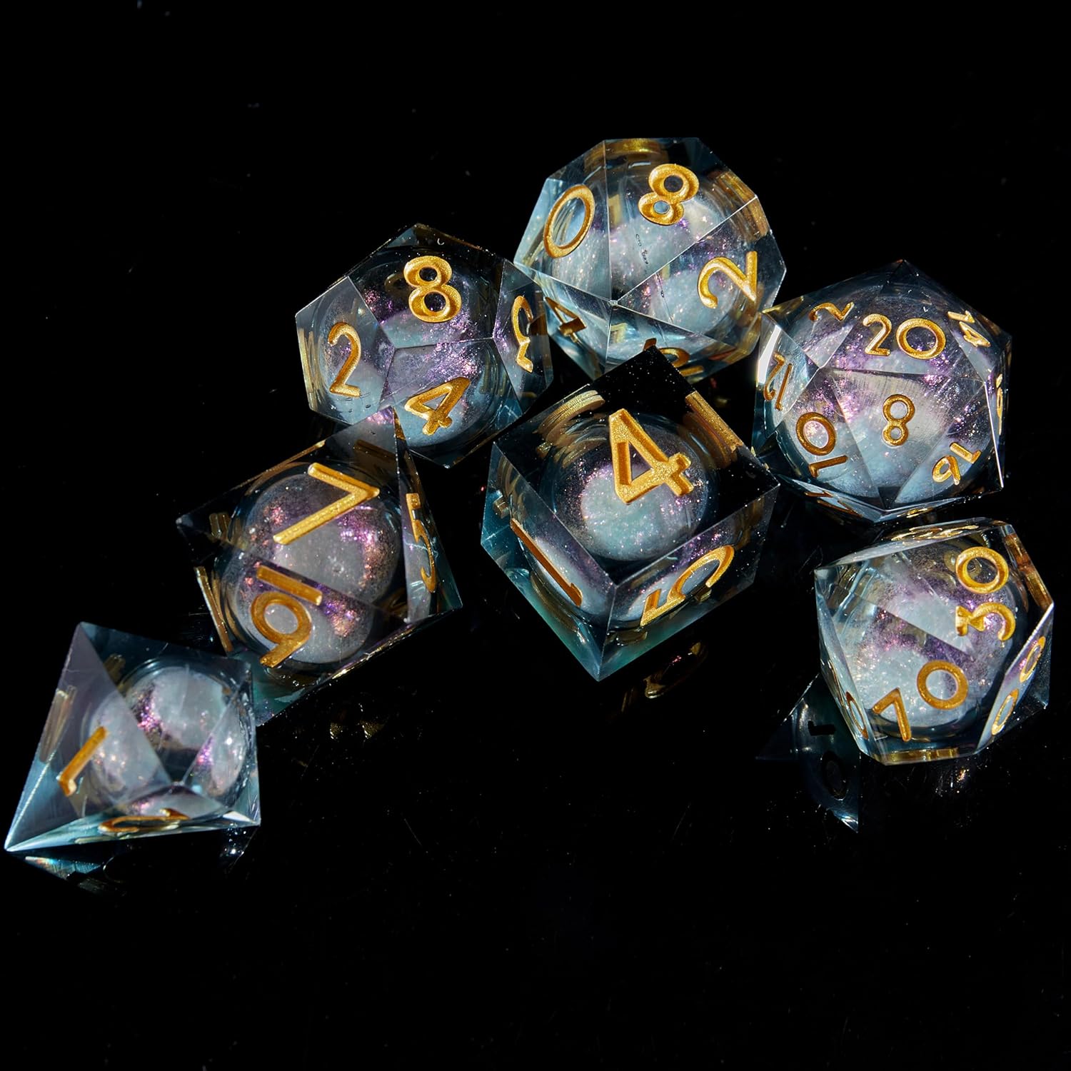 Fugacity Dice Set, Liquid Core Handmade Sharp Edge 7 Piece Resin Dice-for Dungeons and Dragons Polyhedral Dice Set, D&D Dice Set with Gift Dice Case for RPG MTG Table Games(White Sand & Golden)