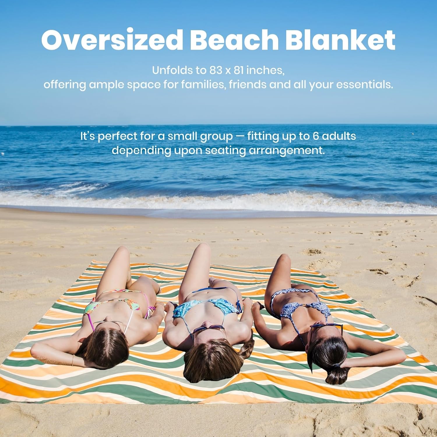Oversized Sandproof Beach Blanket (83"x81"), Extra Large Beach Sheet for Up to 6 People. Sandfree Beach Mat, Big Sand Blankets with Sand Bags and Stakes. (Colored Wave)