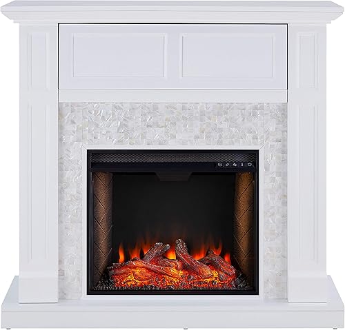 Miniatura 2 de SEI Furniture Nobleman Mother of Pearl Tiled Alexa-Enabled Electric Fireplace with Hidden Media Shelf, White