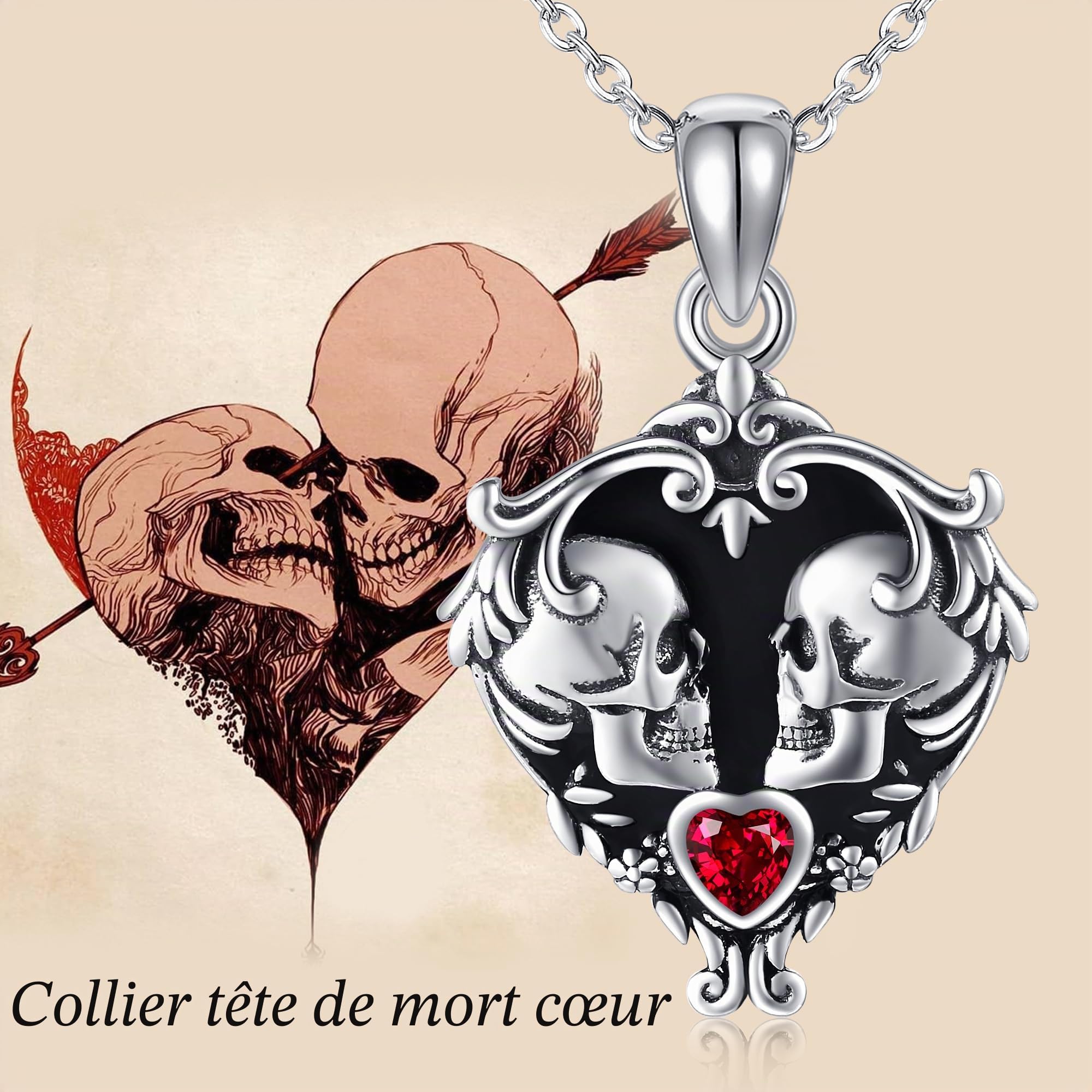 YAFEINI Collier ras du cou en argent sterling 925 avec pendentif en forme de cœur, crâne, bijou gothique, cadeau d'Halloween pour femme