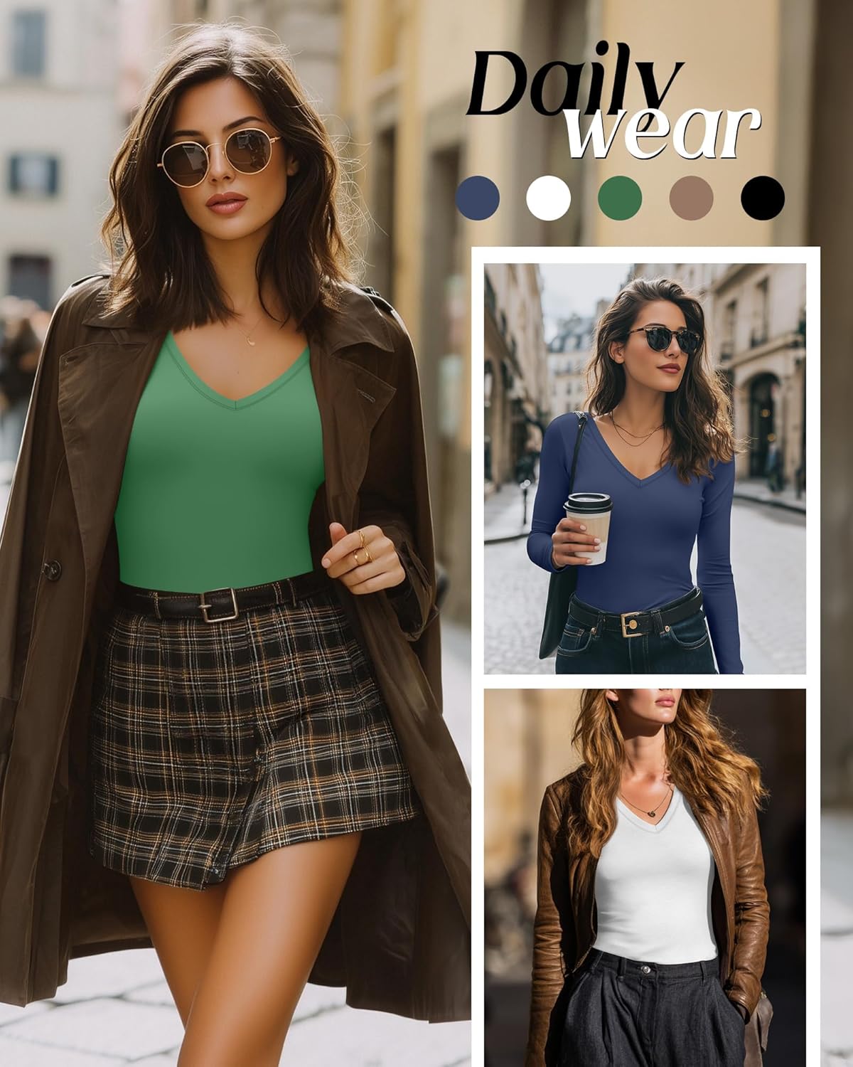 5 Pack Long Sleeve V Neck T Shirts for Women, Cotton Slim Fitted Shirt Casual Tight Basic Tee Tops for Layering - Image 2