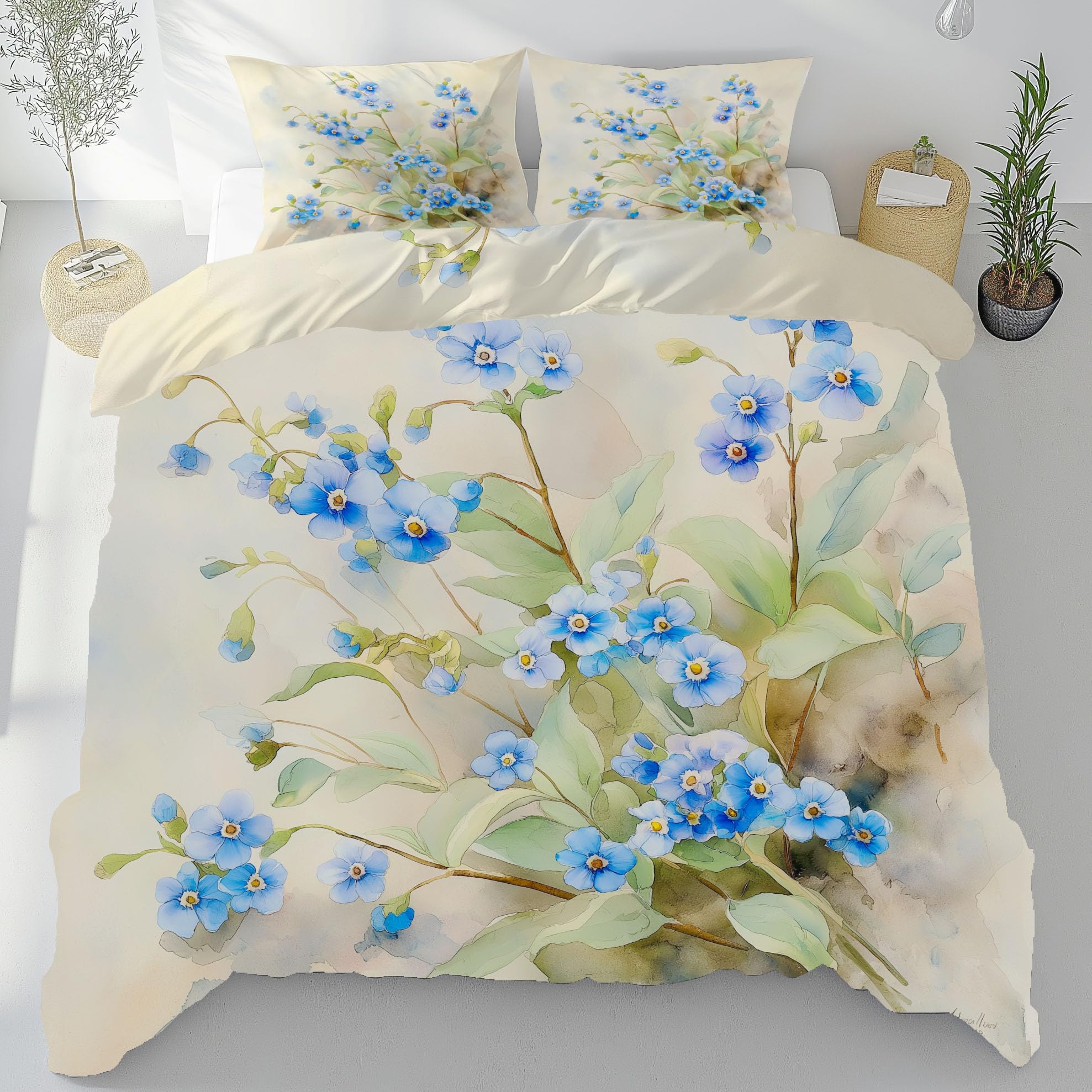 Housse de Couette 240x260 Motif Floral Bleu Microfibre Parure de Lit Adulte