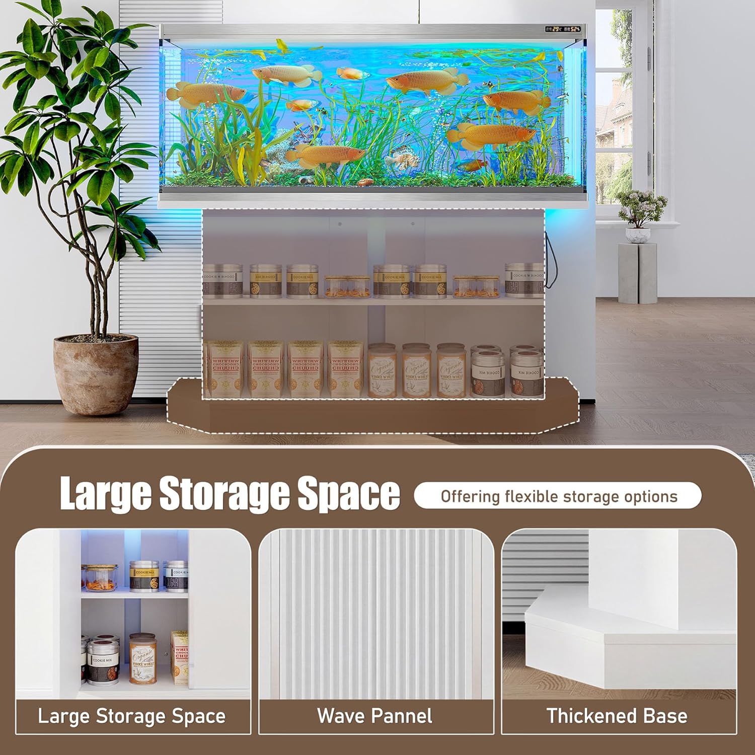 55-75 Gallon Fish Tank Stand, Modern Aquarium Stand with Charging Station & Cabinet Storage, Heavy Duty Fish Tank Table with 880 LBS Capacity for Living Room Home Office (White)
