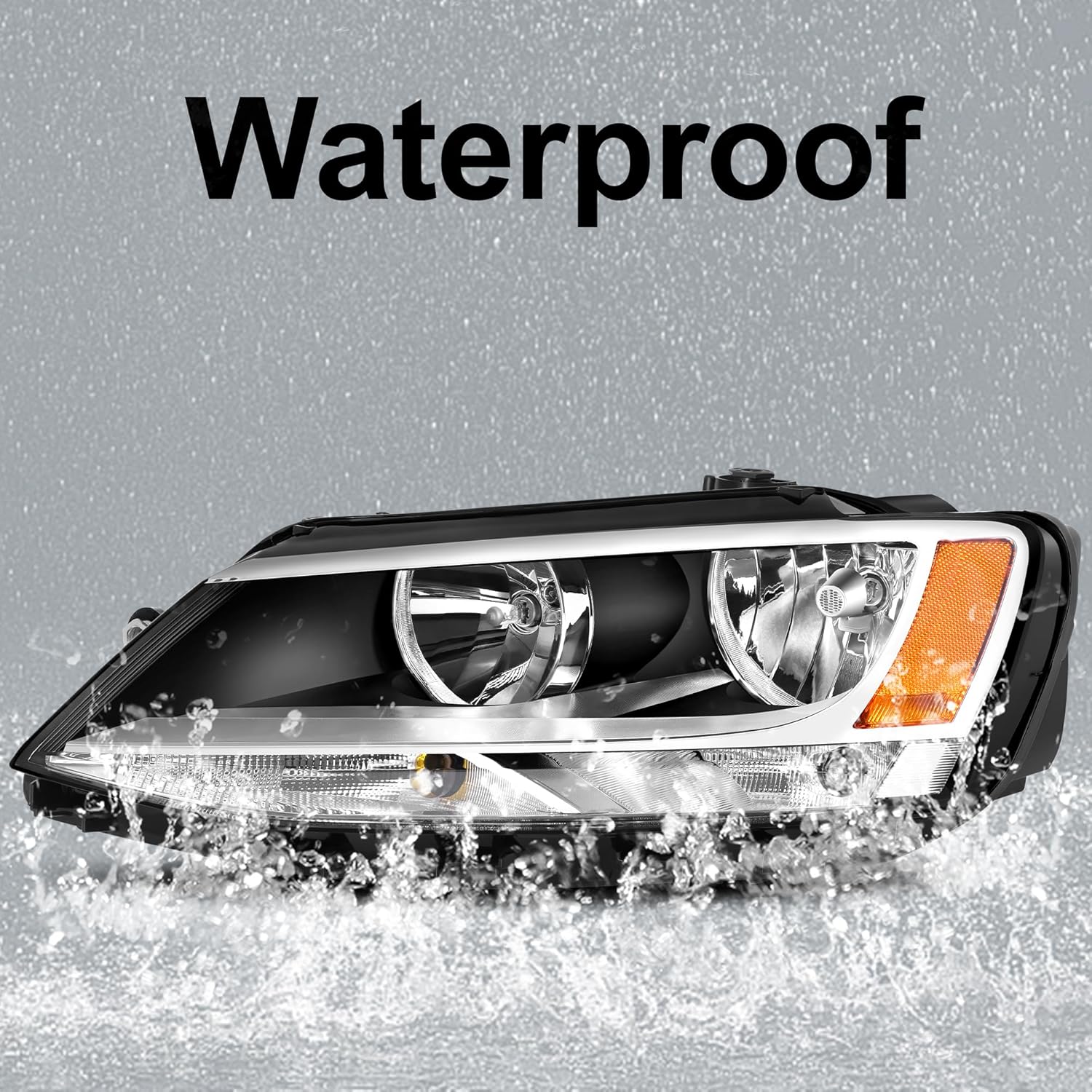 Headlights Assembly Compatible With 2011-2018 Volkswagen Jetta MK6 Headlamp 11 12 13 14 15 16 17 18 Volkswagen Jetta VW MK6 Replacement (Chrome Housing Amber Reflector - L)