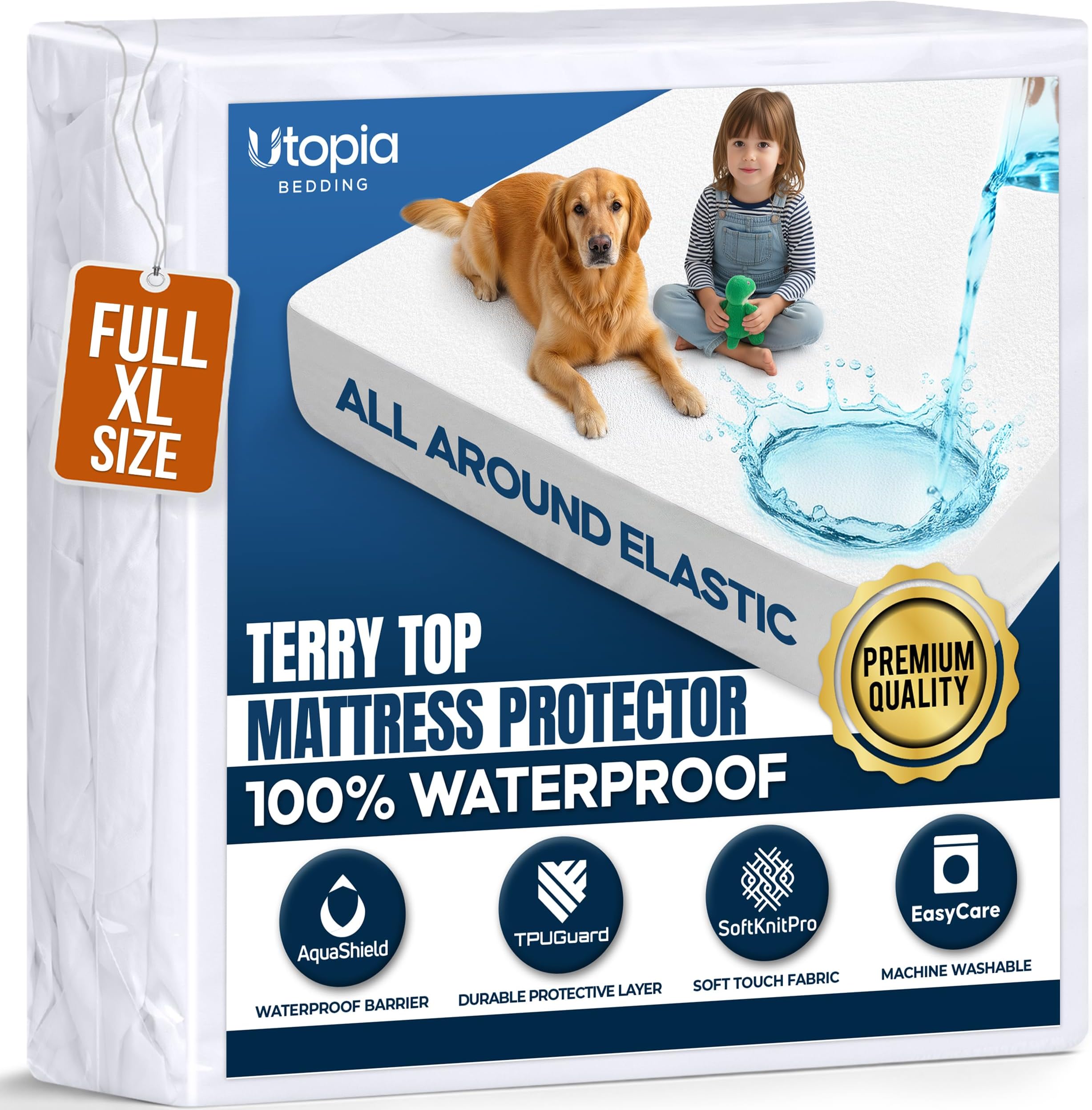 Waterproof Mattress Protector USA Full XL Size, Premium Terry Mattress Protector by Utopia Bedding