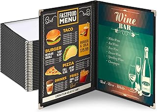 WeChef 30 Pack Restaurant Menu Covers 8.5 x 11 Double Fold 2 Pages 4 Views Black