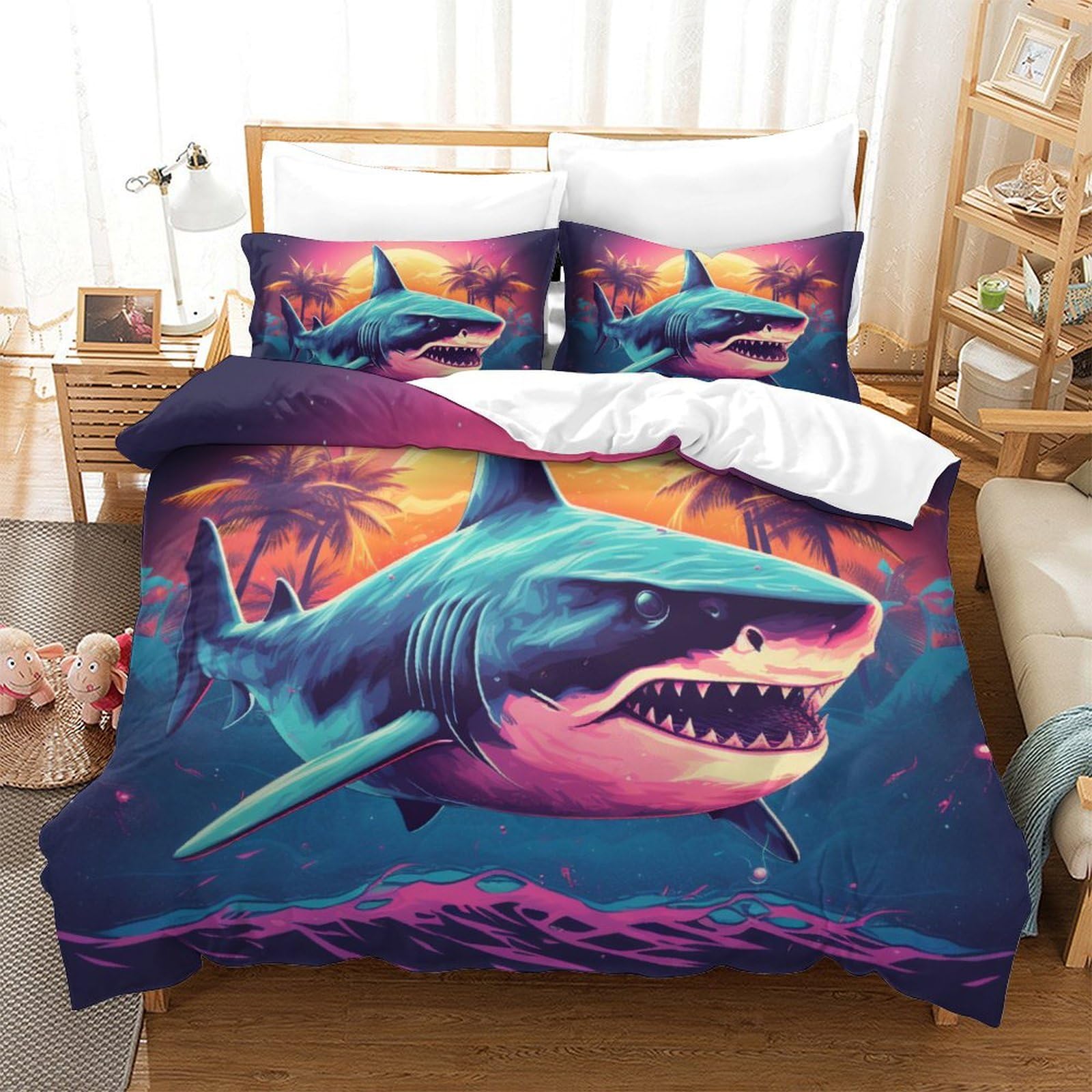 Housse de couette requin 260x220 microfibre parure lit ado zippée anti pli