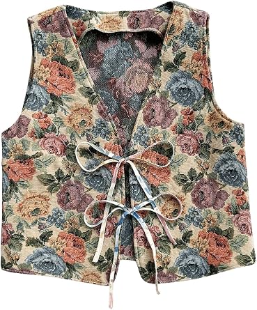 GORGLITTER Womens Sleeveless Floral Tie Front Top V Neck Vintage Tank Top