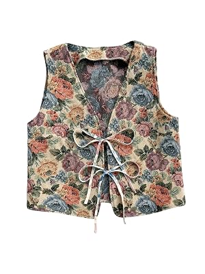 Verdusa Womens Vintage Floral Print Bow Tie Cowgirl Vest V Neck Sleeveless Jacket Outerwear