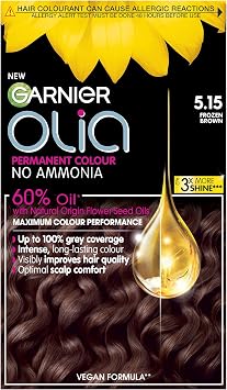 Garnier Olia 5.15 Frozen Brown, oil-powered, no-ammonia. 100% grey coverage. Luminous, long-lasting, vibrant frozen brown hair color with incredible shine and softness.
