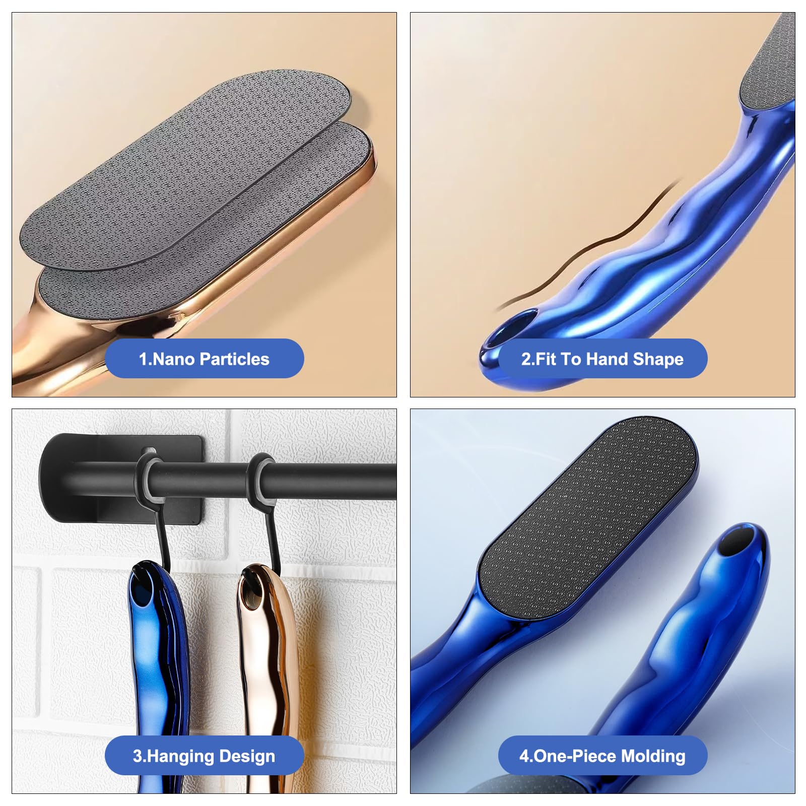 2 limas de pie de nanocristal para eliminar la piel dura, lima de pie de nanocristal con mango ergonómico antideslizante, herramientas profesionales para el cuidado de los pies (dorado y azul) 4