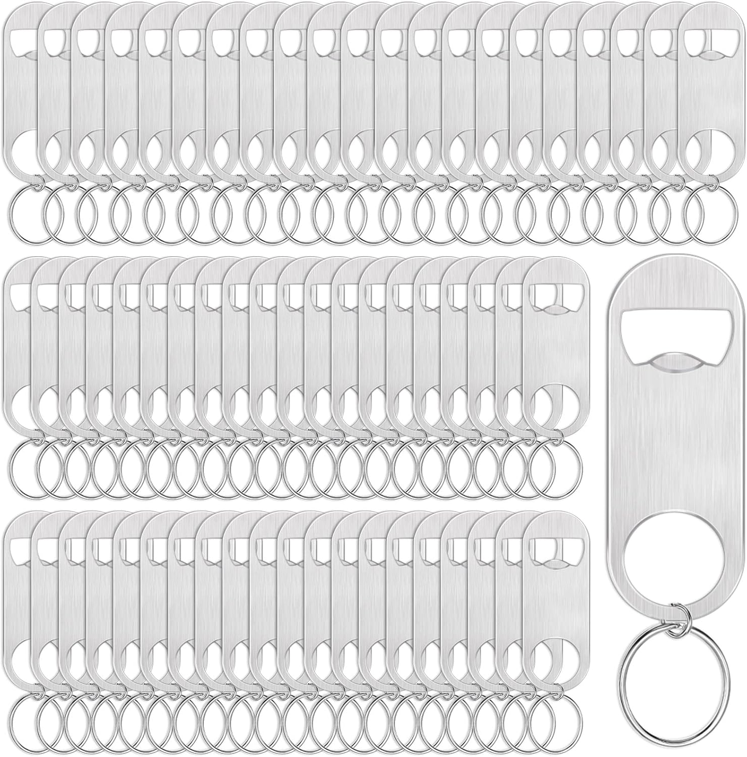 Therwen 60 Pcs Flat Beer Bottle Opener Keychain Stainless Steel Key Chain Cute Beverage Bottle Opener Key Ring, Small and Light for Caps Men Women Kitchen Bar Restaurant, Silver