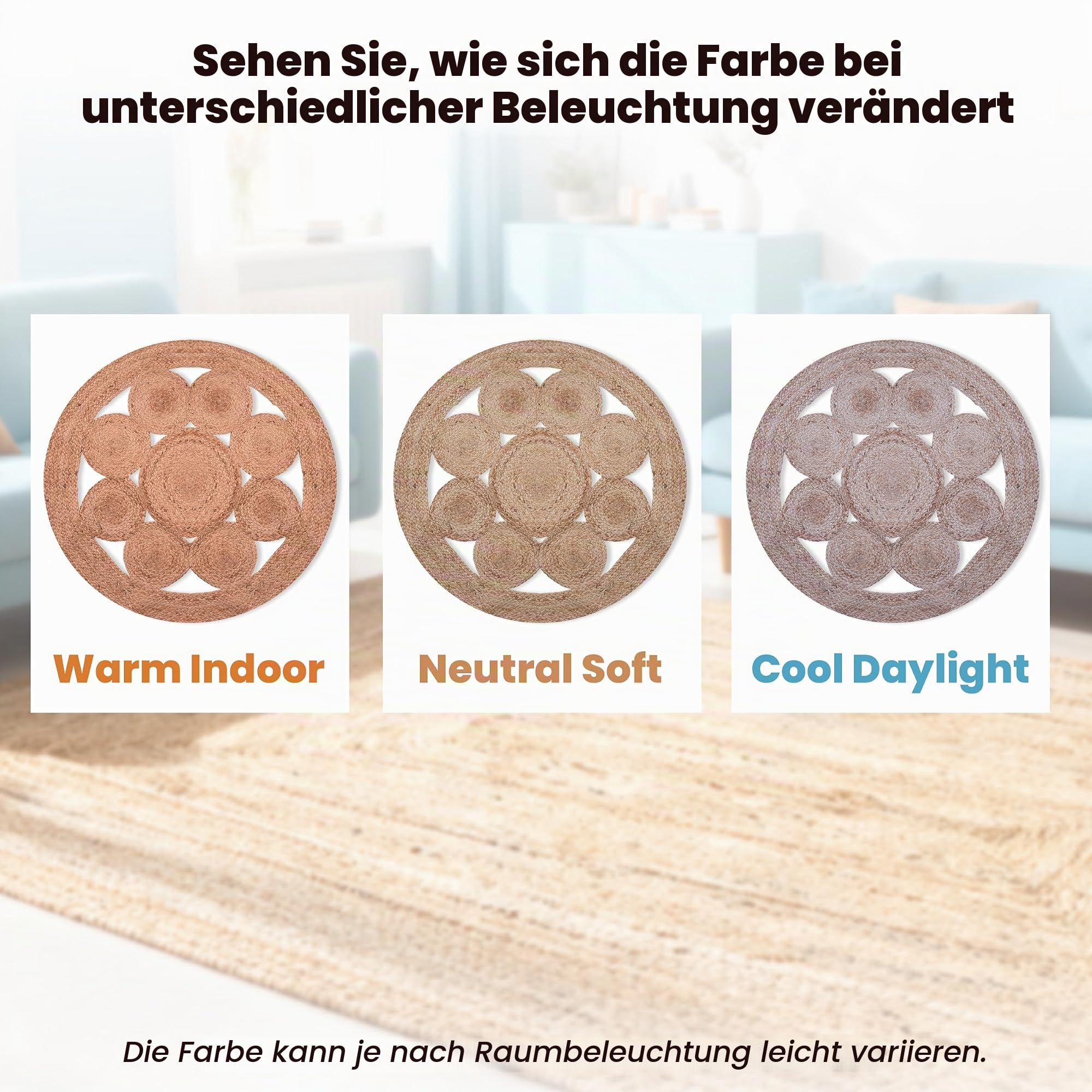 Craft Trade Handgewebt Natur Boho Jute Teppich Reversibel Blume Geflochten Waschbarer Rund Juteteppich für Küche Wohnzimmer und Schlafzimmer- 90 cm
