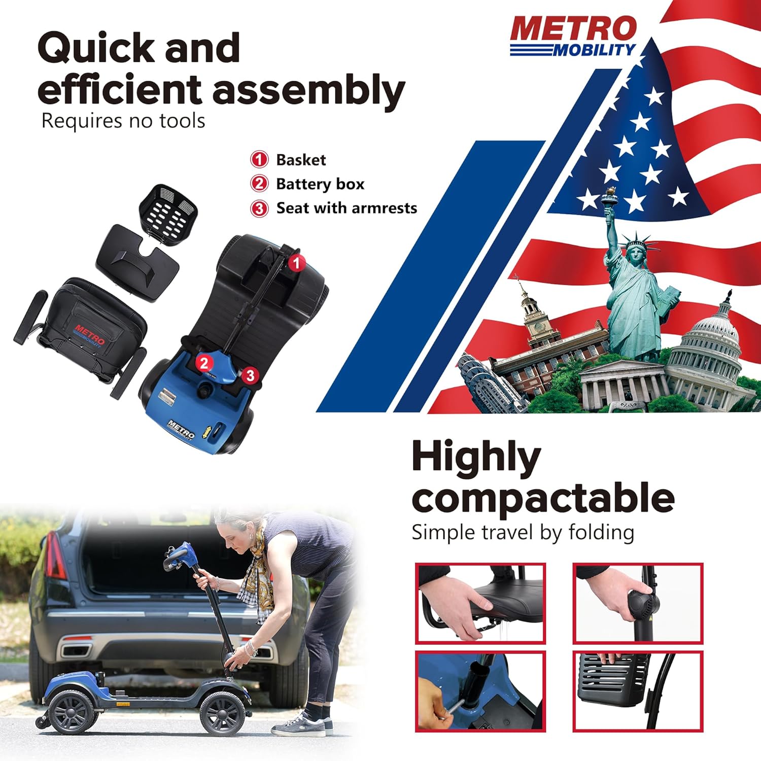 Image showing quick and efficient assembly of the Metro Mobility M1 Lite scooter, highlighting the basket, battery box, and seat with armrests.