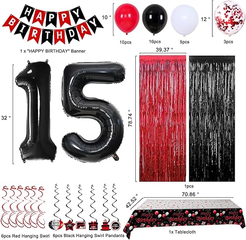 Miniatura 2 de Decoraciones de cumpleaños número 18 para niños y niñas, globos rojos y negros de feliz cumpleaños número 18, globos colgantes de remolinos,